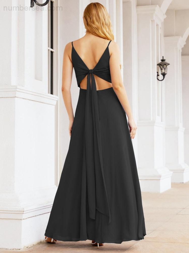 Numbersea Spaghetti Strap Bridesmaid Dresses V Neck Butterfly Back Fromal Evening Party Prom Gown 28036
