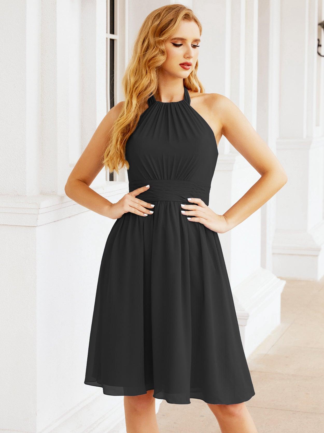 Baoleely Halter Chiffon Bridesmaid Dresses Short Sleeveless Formal Party Dress Open Back 28023