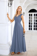 Ladies Chiffon V Neck Sleeveless Floor Length Bridesmaid Evening Dress Wedding Party Evening Dress 28126