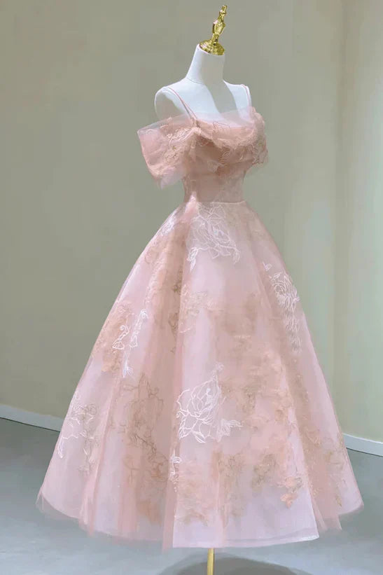 A-Line Princess Lovely Tea Length Straps Tulle Formal Dress Prom Dress