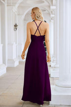 Ladies Chiffon Spaghetti Strap V Neck Front Slit Floor Length Bridesmaid Evening Dress Prom Party Wedding Evening Dress 28116