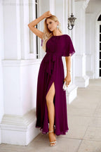 Ladies Chiffon Sleeve Crew Neck Front Slit Floor Length Bridesmaid Evening Dress Wedding Party Evening Dress 28124