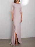 Gown Elegant Wedding Guest Formal Floor Length 3/4 Length Sleeve Jewel Neck Stretch Crepe with Feather Evening Dress