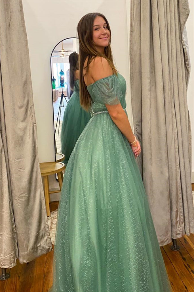 Sea Glass Tulle A-line V Neckline Off-Shoulder Long Prom Dress