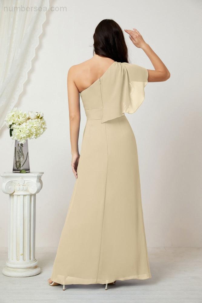 Numbersea  Chiffon Ruffled One Shoulder Long Bridesmaid Dresses A-line Formal Evening Gown Side Split 2809