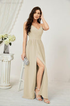 Baoleely  Neck Bridesmaid Dresses Chiffon Long Spaghetti A-line Formal Prom Gown for Wedding Party Evening 2801