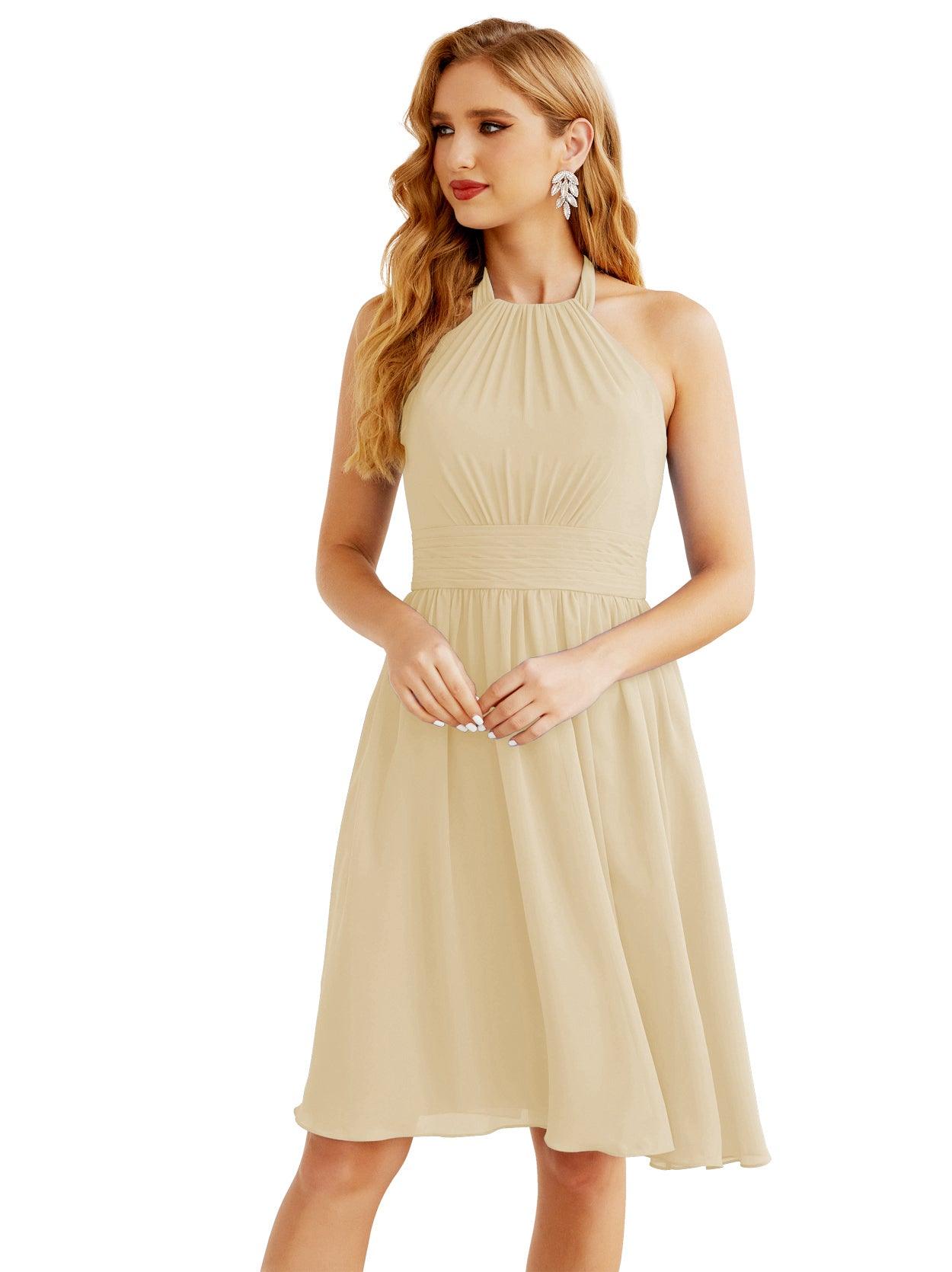 Baoleely Halter Chiffon Bridesmaid Dresses Short Sleeveless Formal Party Dress Open Back 28023