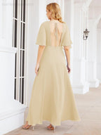 Numbersea V-Neck Bridesmaid Dress Chiffon Long Open Back Formal Dresses for Women Party Evening 28067