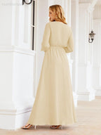 Numbersea Women's Chiffon Bridesmaid Dress A line Long Sleeves Formal Evening Prom Gown for Wedding Guest 28032