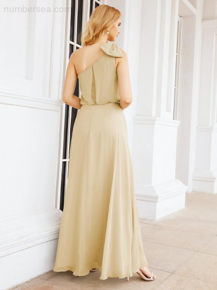 Numbersea Chiffon Ruffled One Shoulder Sleeveless Long Bride Dresses A-line Formal Evening Gown Side Split 28057