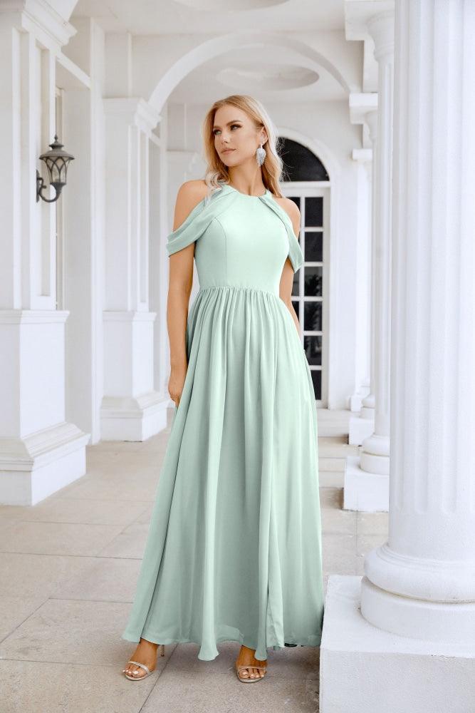 Ladies Chiffon Off Shoulder Swing Sleeve Front Slit Bridesmaid Evening Dress Wedding Party Evening Dress 28117