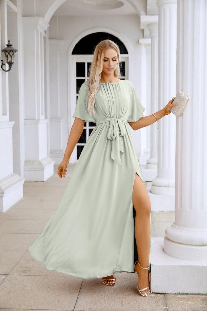 Ladies Chiffon Sleeve Crew Neck Front Slit Floor Length Bridesmaid Evening Dress Wedding Party Evening Dress 28124