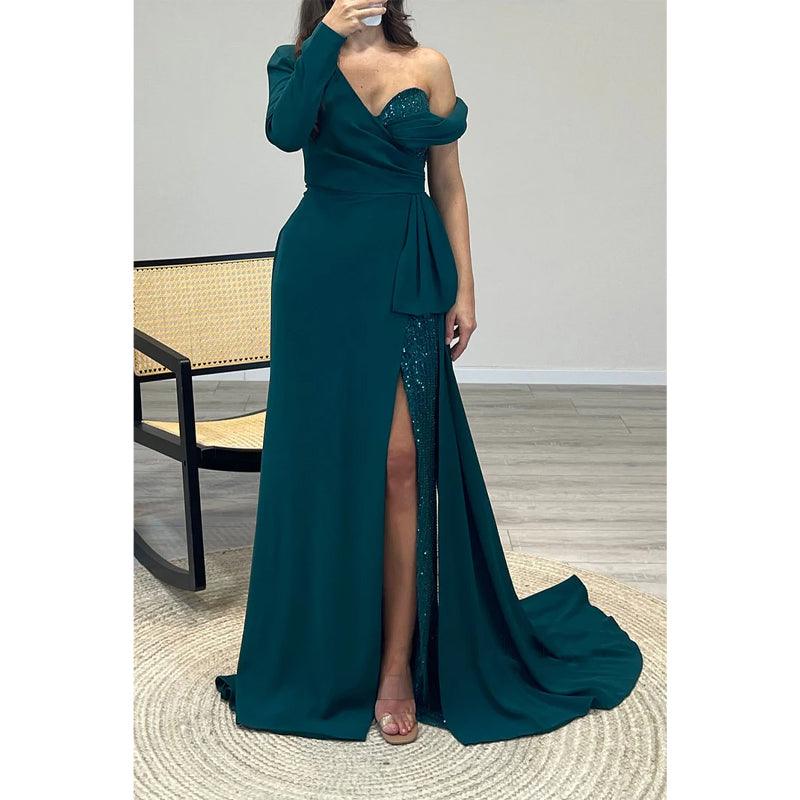 Sexy One Shoulder Beaded A-line Long Prom Dress Ecvening Gown Party Dress