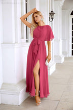 Ladies Chiffon Sleeve Crew Neck Front Slit Floor Length Bridesmaid Evening Dress Wedding Party Evening Dress 28124