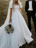 Formal Ball Gown Square Neck Short Sleeve Chapel Train Satin Wedding Dresses Bridal Gowns
