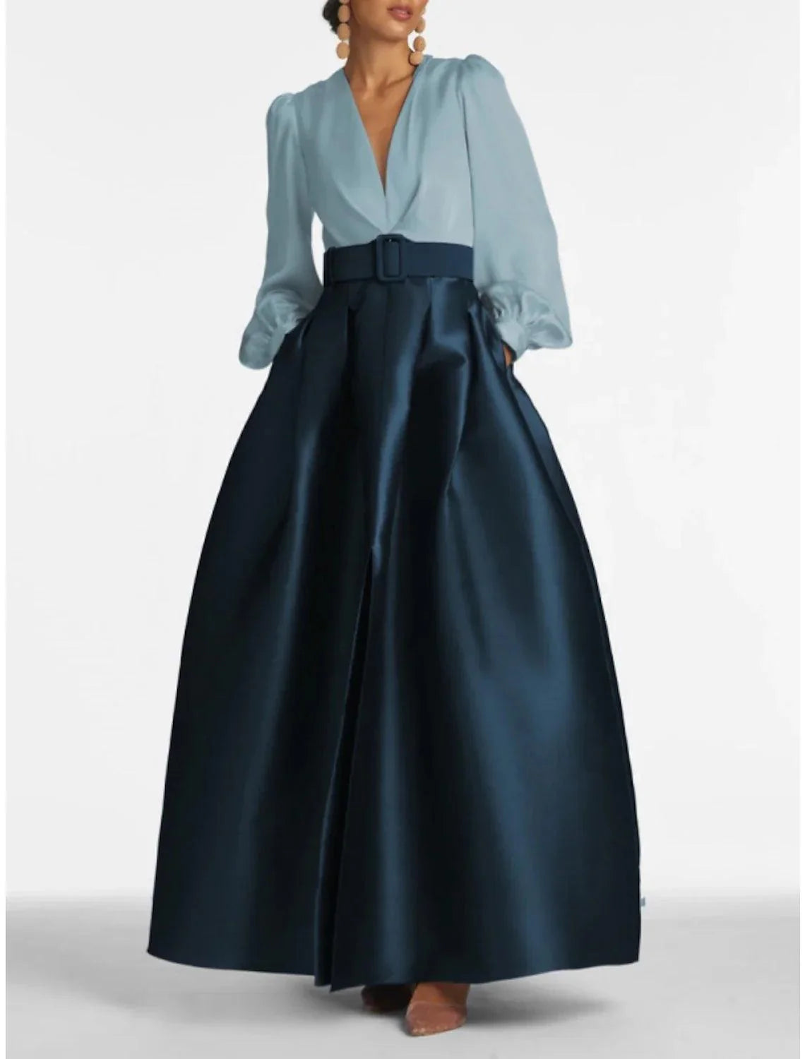 Satin Formal Plus Size Wedding Guest Dress Elegant Gown High Split Pocket Long Sleeve Floor Length Color Block V Neck Belt With Pleats Slit Evening Dress