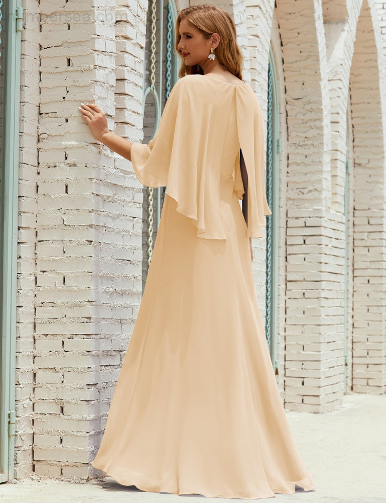 Sunnderly  Bridesmaid Dress Women Long Sleeve V-Neck Chiffon Formal Wedding Party Dress SY28018