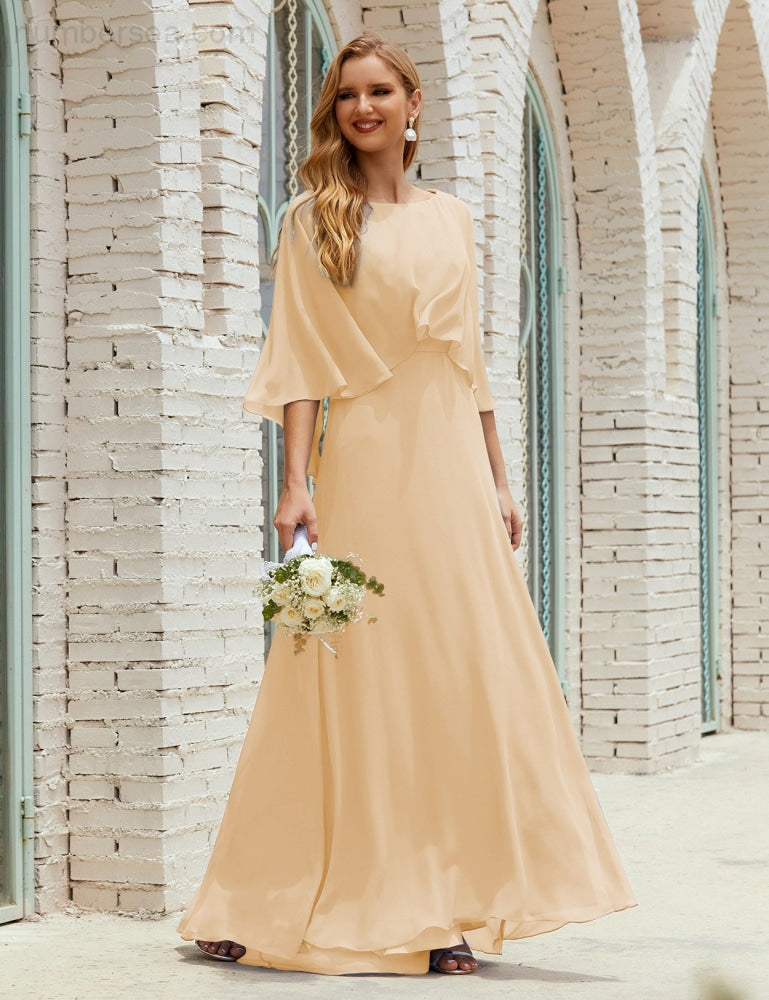 Sunnderly  Bridesmaid Dress Women Long Sleeve V-Neck Chiffon Formal Wedding Party Dress SY28018