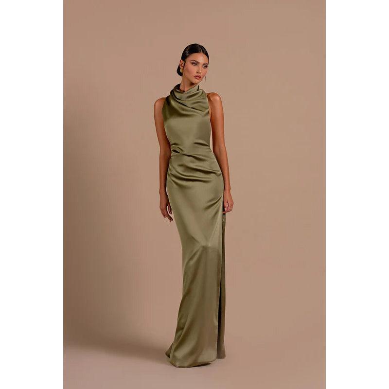 Sexy Halter Backless Satin Sheath Long Evening Dress With Side Slit