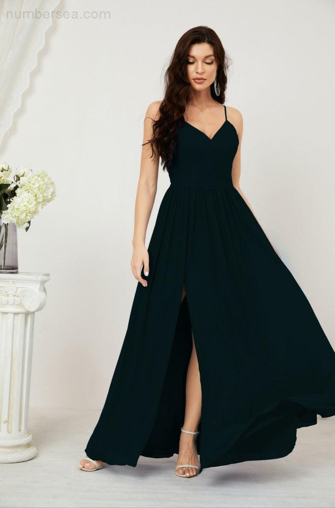Baoleely  Neck Bridesmaid Dresses Chiffon Long Spaghetti A-line Formal Prom Gown for Wedding Party Evening 2801