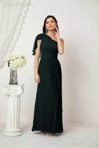 Numbersea  Chiffon Ruffled One Shoulder Long Bridesmaid Dresses A-line Formal Evening Gown Side Split 2809