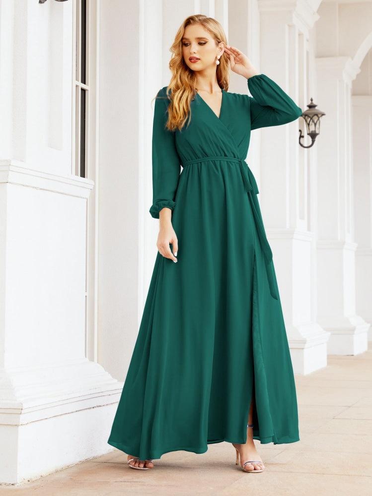 Numbersea Women's Chiffon Bridesmaid Dress A line Long Sleeves Formal Evening Prom Gown for Wedding Guest 28032