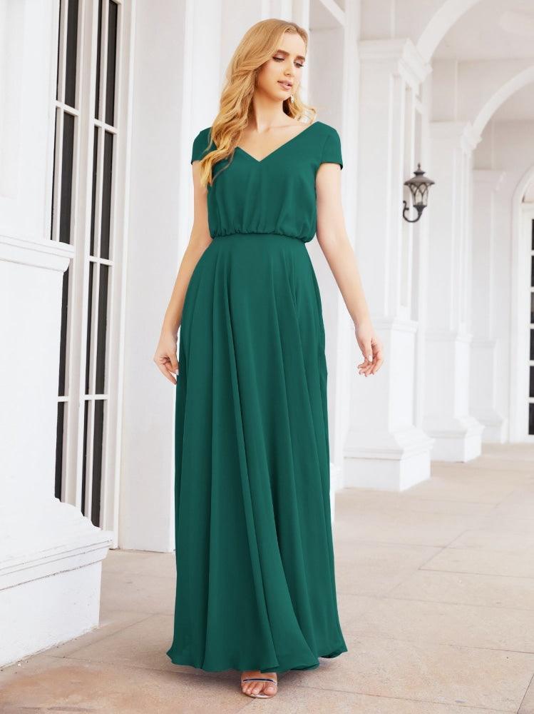 Numbersea V-Neck Bridesmaid Dresses Long Cap Sleeves Prom Evening Formal Gowns 28071