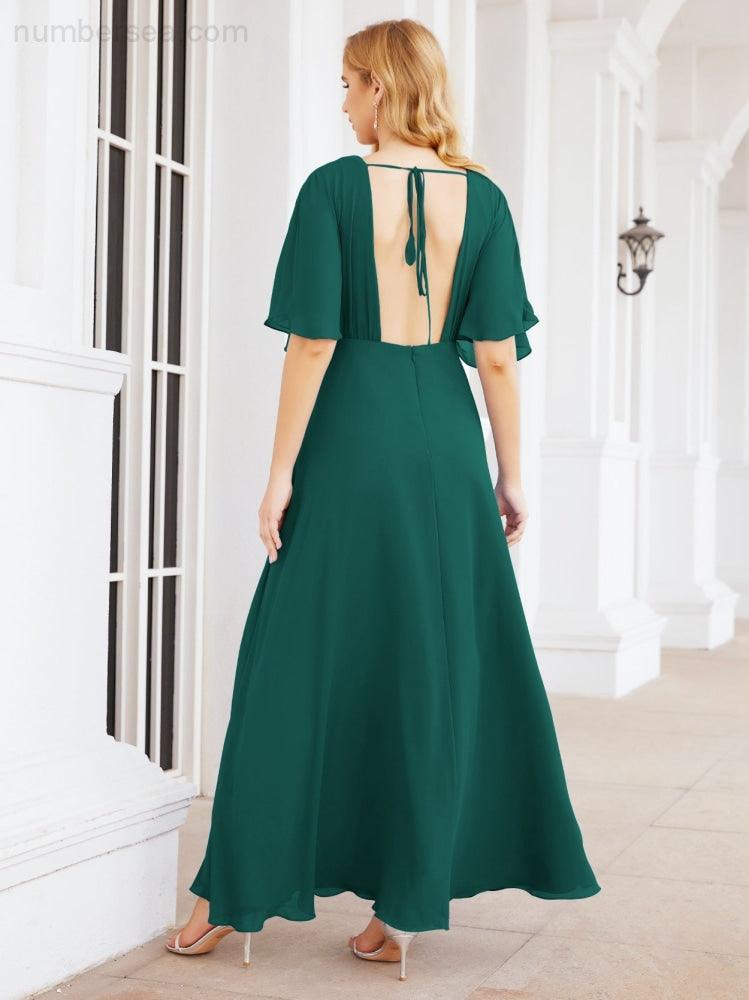 Numbersea V-Neck Bridesmaid Dress Chiffon Long Open Back Formal Dresses for Women Party Evening 28067