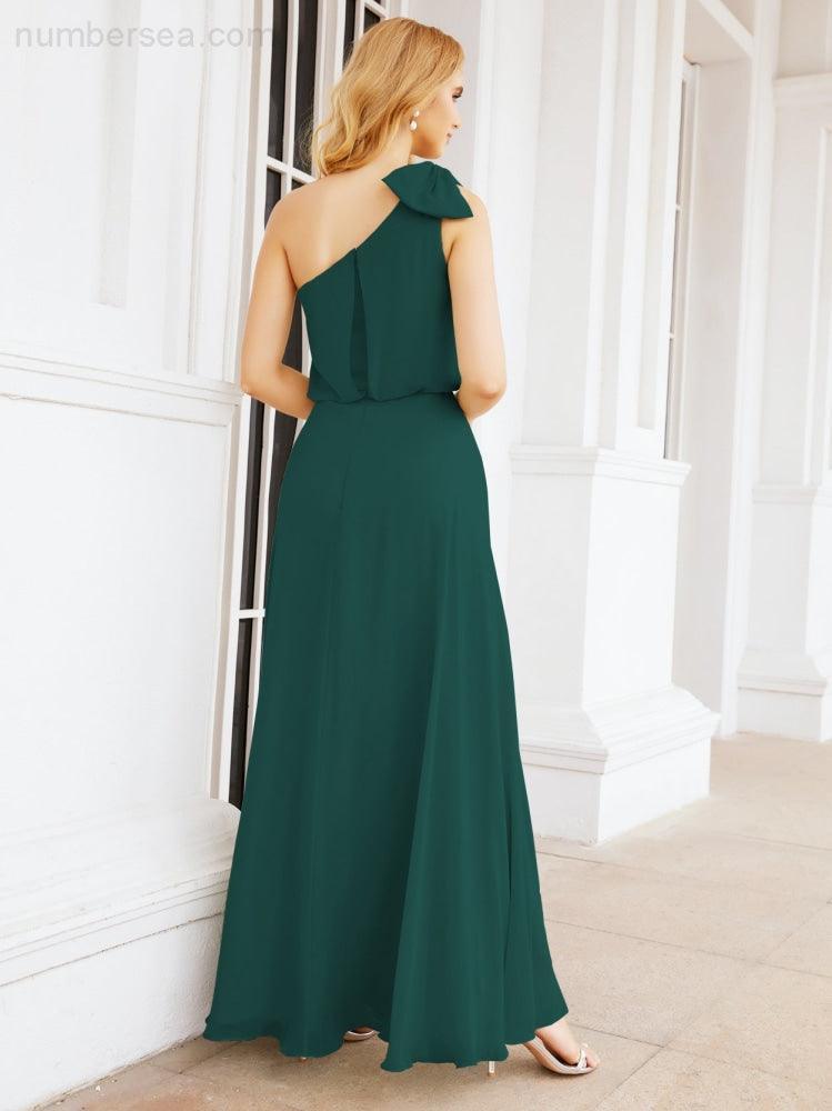 Numbersea Chiffon Ruffled One Shoulder Sleeveless Long Bride Dresses A-line Formal Evening Gown Side Split 28057