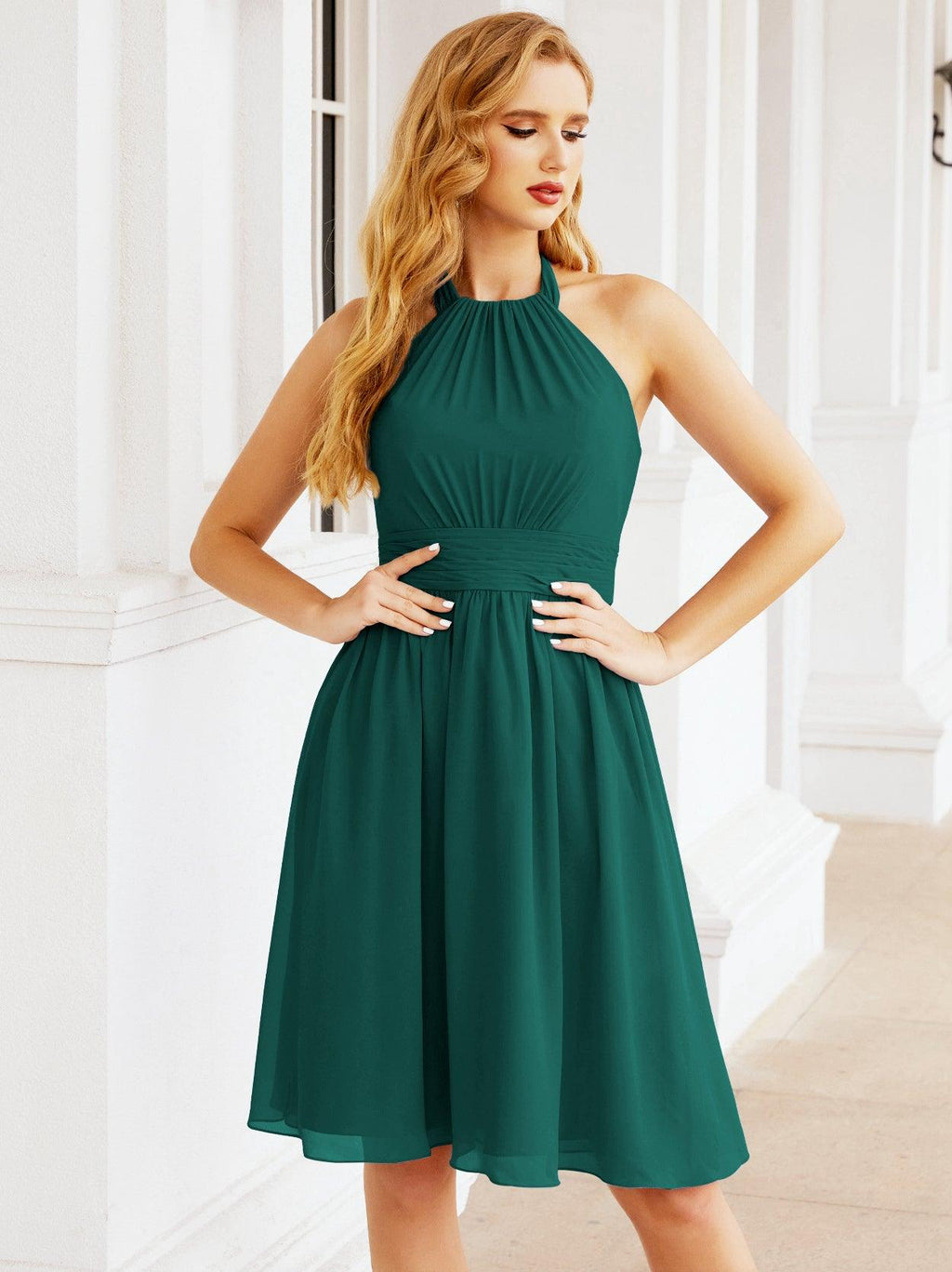 Baoleely Halter Chiffon Bridesmaid Dresses Short Sleeveless Formal Party Dress Open Back 28023