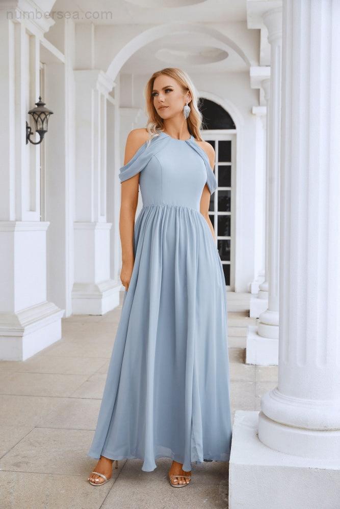 Ladies Chiffon Off Shoulder Swing Sleeve Front Slit Bridesmaid Evening Dress Wedding Party Evening Dress 28117