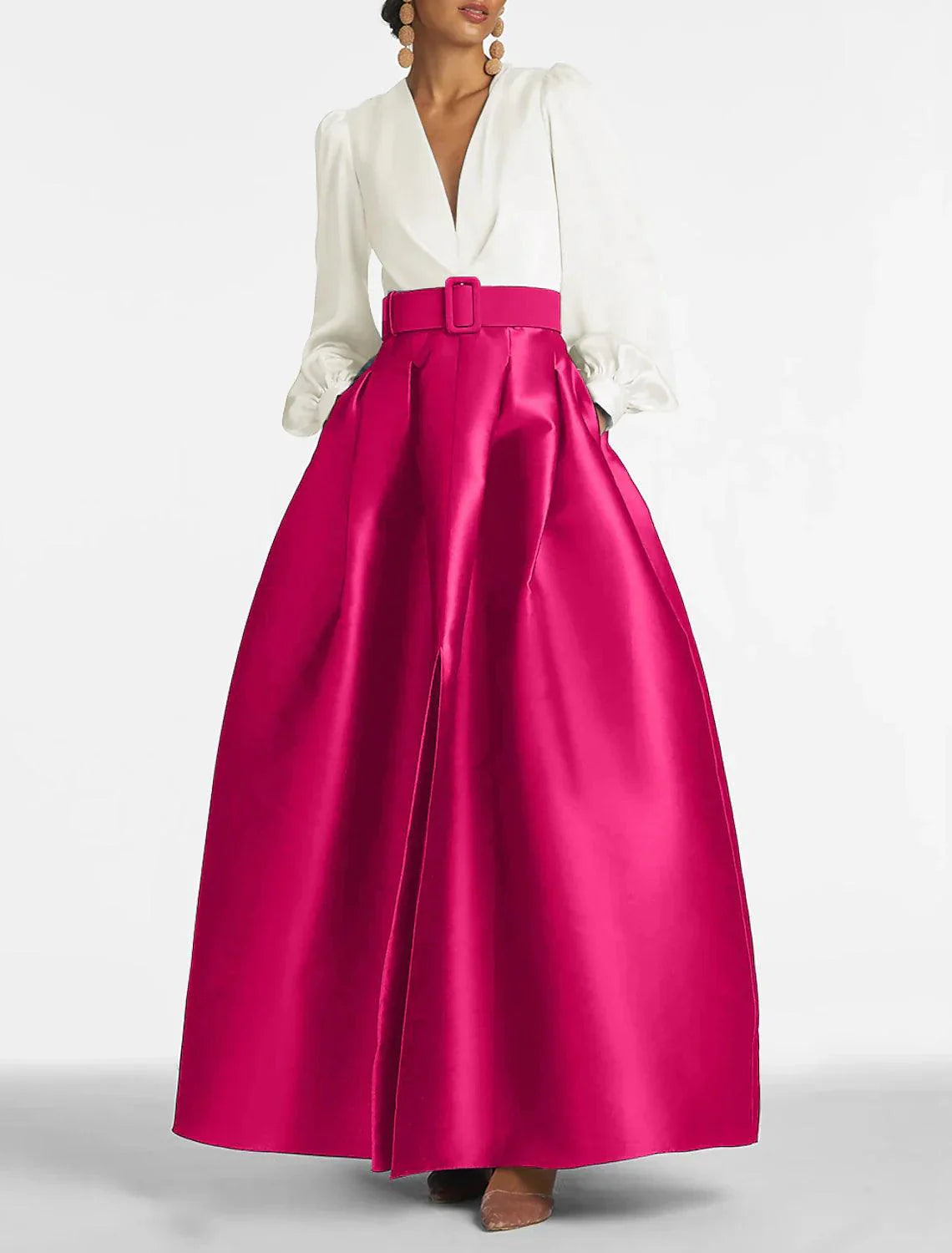 Satin Formal Plus Size Wedding Guest Dress Elegant Gown High Split Pocket Long Sleeve Floor Length Color Block V Neck Belt With Pleats Slit Evening Dress