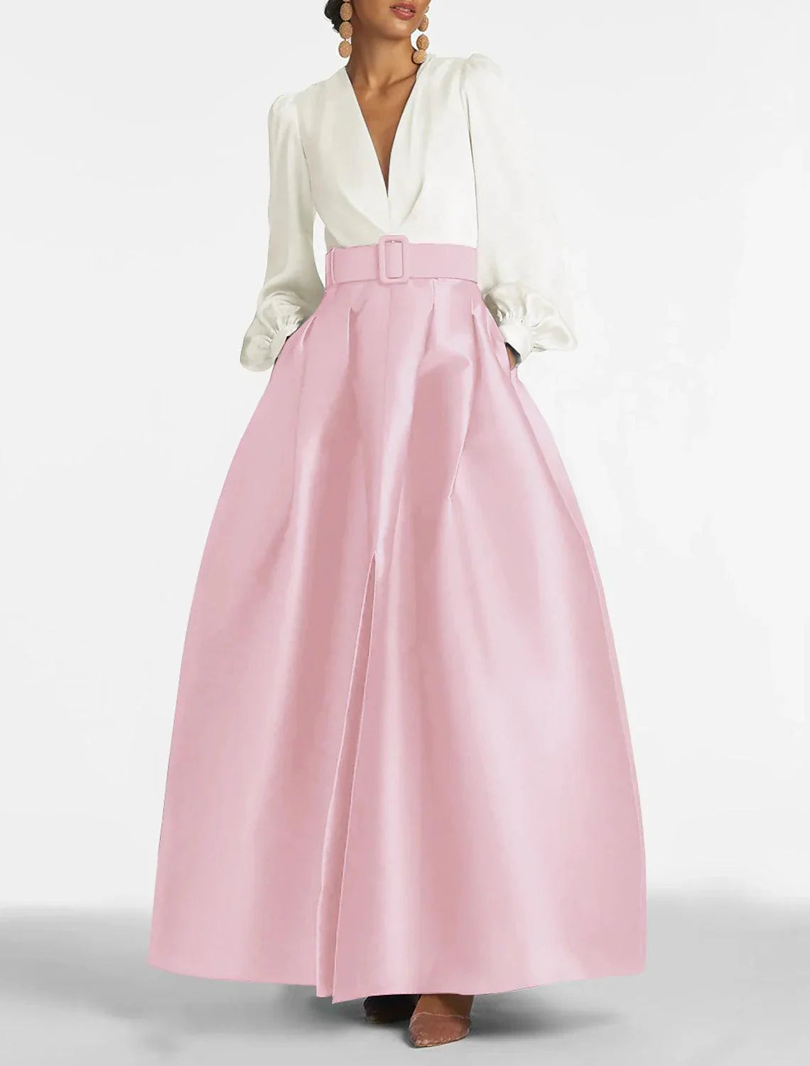 Satin Formal Plus Size Wedding Guest Dress Elegant Gown High Split Pocket Long Sleeve Floor Length Color Block V Neck Belt With Pleats Slit Evening Dress