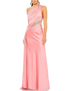 Gown Elegant Formal Floor Length Sleeveless One Shoulder Satin with Glitter Ruched Sequin Evening Dress