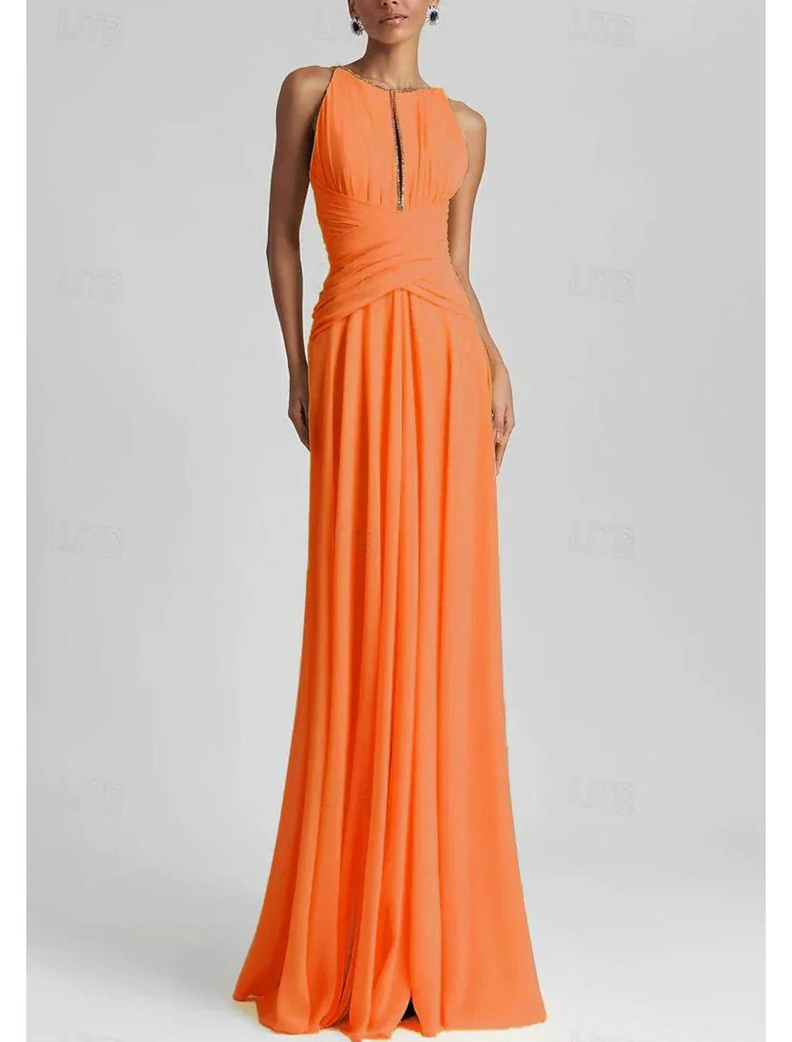 Gown Elegant Formal Wedding Guest Floor Length Sleeveless Jewel Neck Chiffon with Rhinestone Glitter Pleats Evening Dress