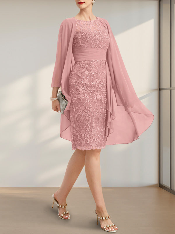 Sheath/Column Scoop Illusion Knee-Length Lace Chiffon Mother of the Bride Dress With Cascading Ruffles Sequins