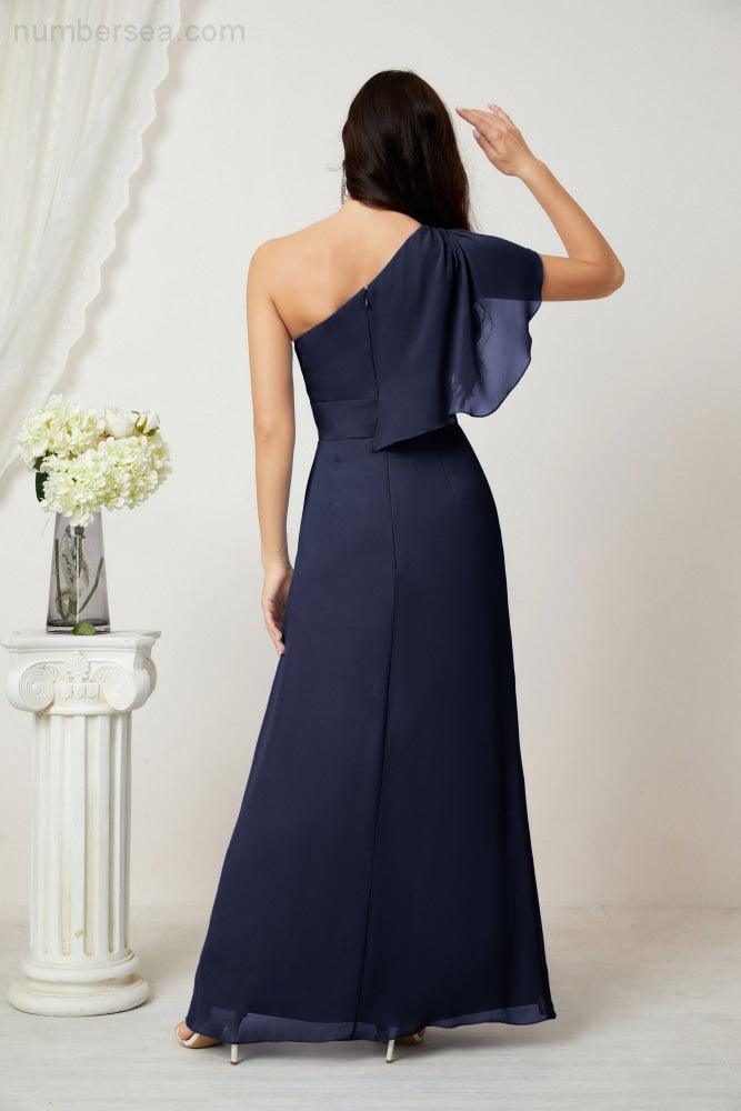 Numbersea  Chiffon Ruffled One Shoulder Long Bridesmaid Dresses A-line Formal Evening Gown Side Split 2809
