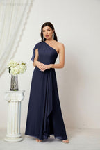 Numbersea  Chiffon Ruffled One Shoulder Long Bridesmaid Dresses A-line Formal Evening Gown Side Split 2809