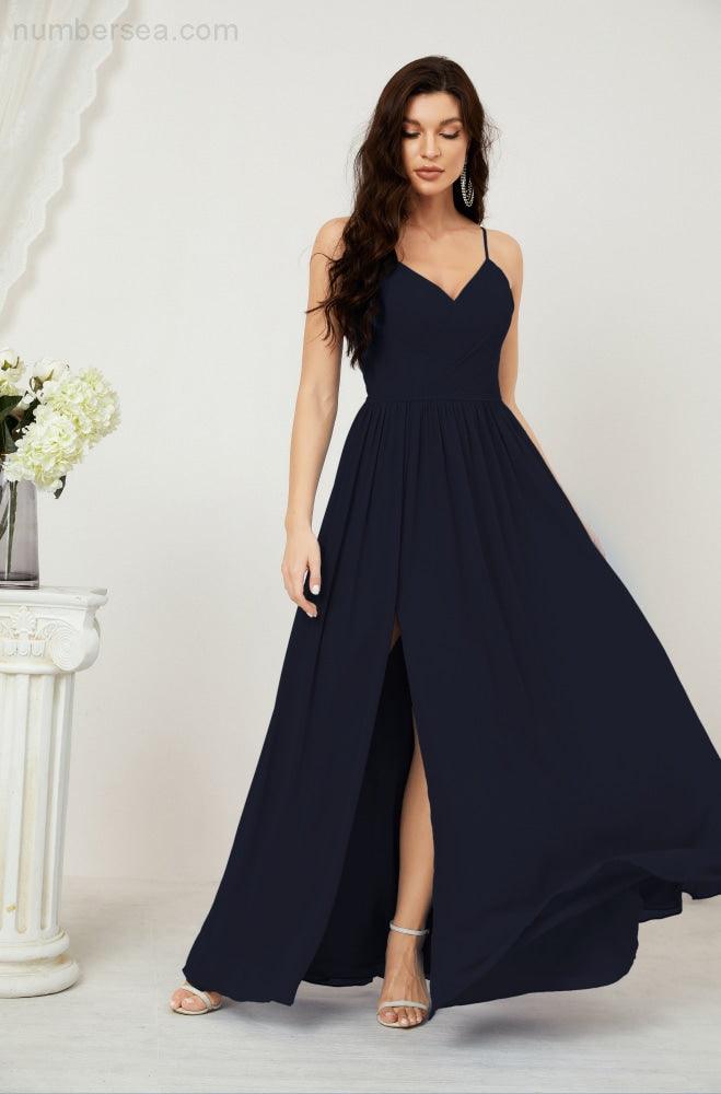 Baoleely  Neck Bridesmaid Dresses Chiffon Long Spaghetti A-line Formal Prom Gown for Wedding Party Evening 2801
