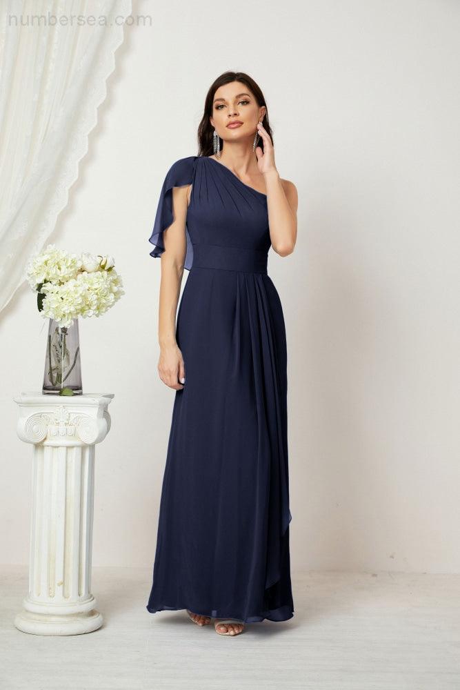Numbersea  Chiffon Ruffled One Shoulder Long Bridesmaid Dresses A-line Formal Evening Gown Side Split 2809