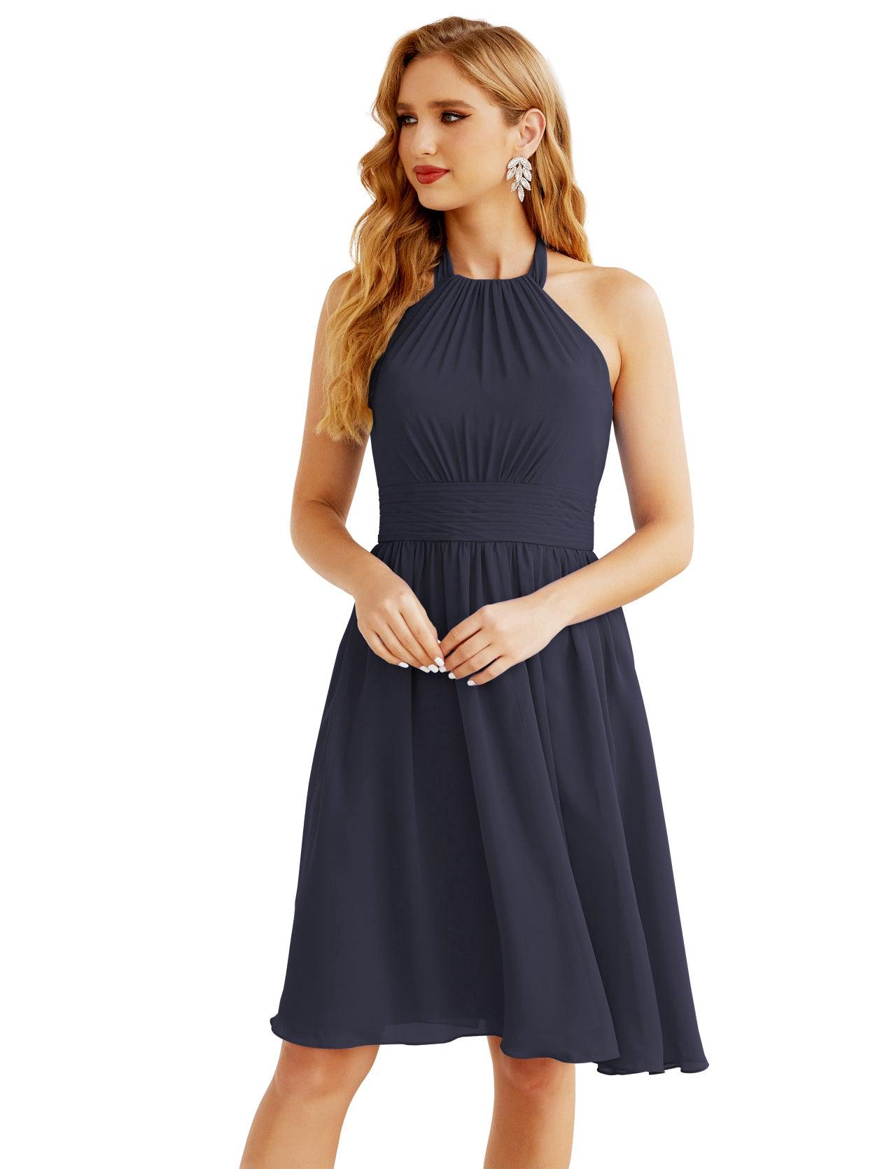 Baoleely Halter Chiffon Bridesmaid Dresses Short Sleeveless Formal Party Dress Open Back 28023