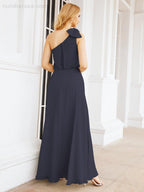 Numbersea Chiffon Ruffled One Shoulder Sleeveless Long Bride Dresses A-line Formal Evening Gown Side Split 28057