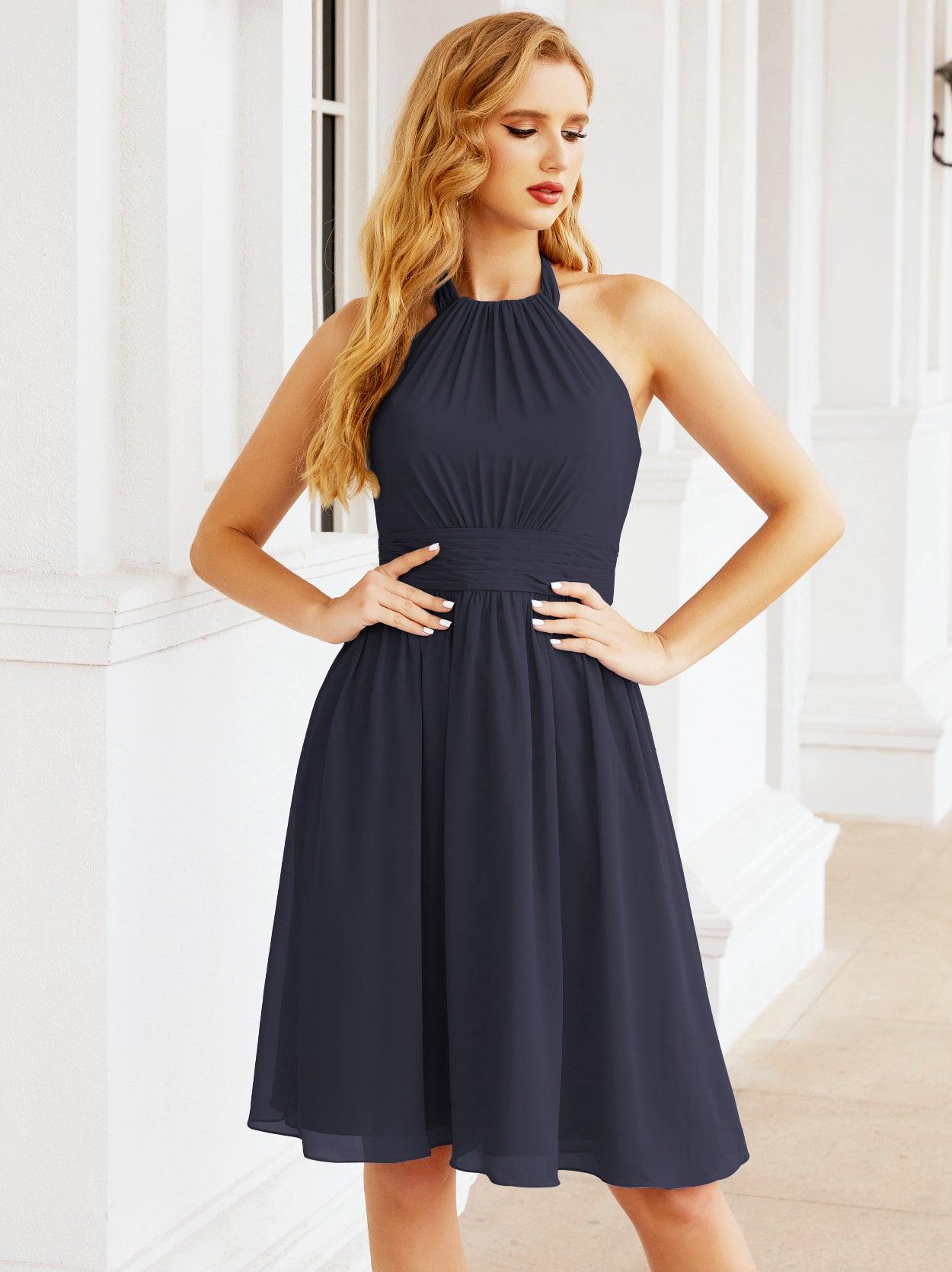 Baoleely Halter Chiffon Bridesmaid Dresses Short Sleeveless Formal Party Dress Open Back 28023