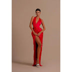 Sheath/Column Halter V Neck Satin Long Evening Dress With Side Slit