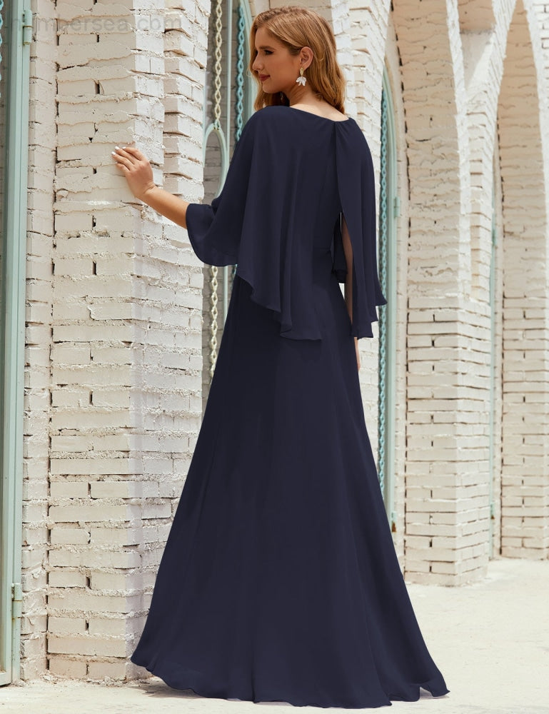 Sunnderly  Bridesmaid Dress Women Long Sleeve V-Neck Chiffon Formal Wedding Party Dress SY28018