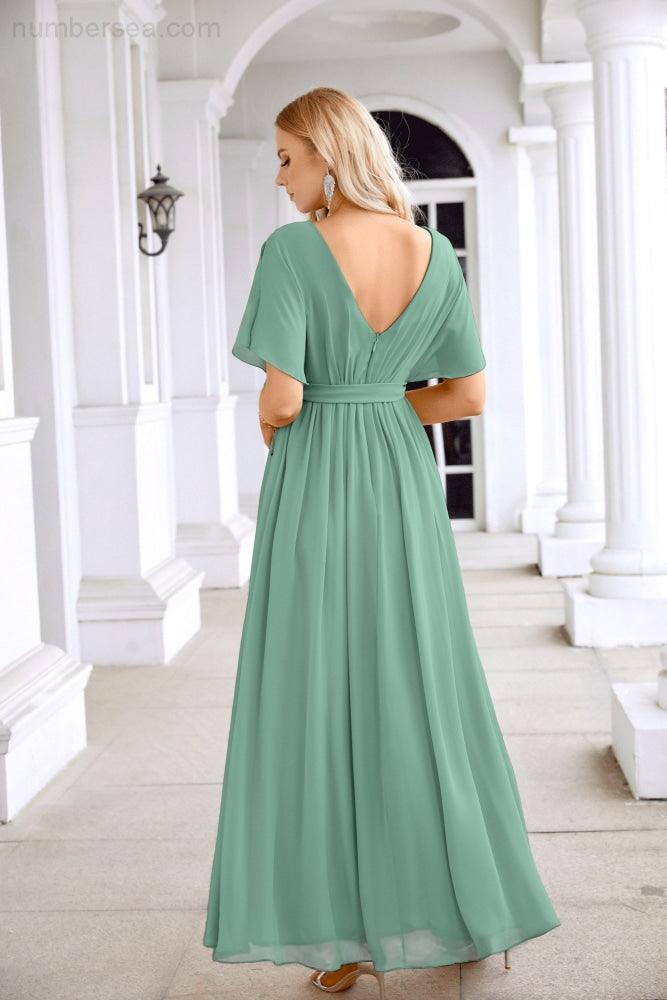 Ladies Chiffon Sleeve Crew Neck Front Slit Floor Length Bridesmaid Evening Dress Wedding Party Evening Dress 28124