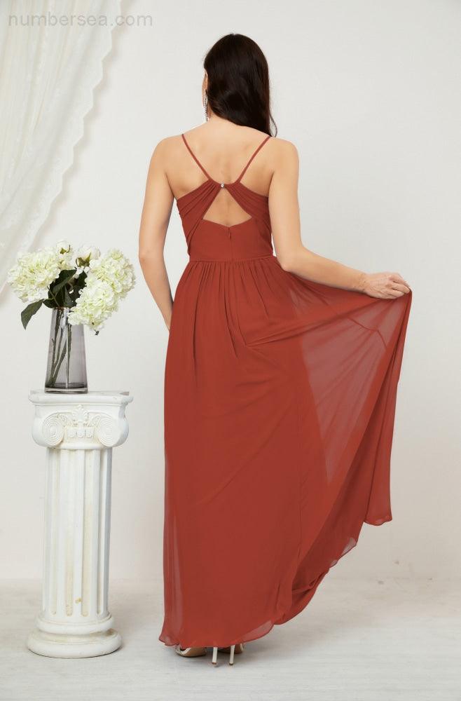 Baoleely  Neck Bridesmaid Dresses Chiffon Long Spaghetti A-line Formal Prom Gown for Wedding Party Evening 2801