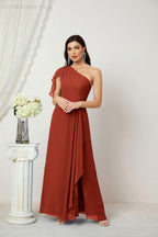 Numbersea  Chiffon Ruffled One Shoulder Long Bridesmaid Dresses A-line Formal Evening Gown Side Split 2809