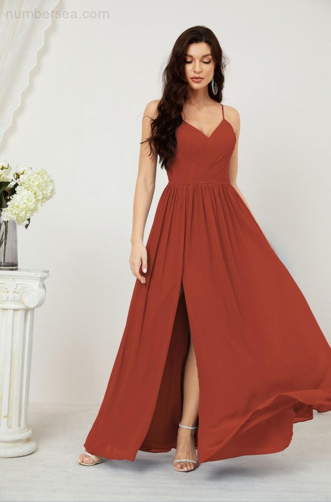 Baoleely  Neck Bridesmaid Dresses Chiffon Long Spaghetti A-line Formal Prom Gown for Wedding Party Evening 2801