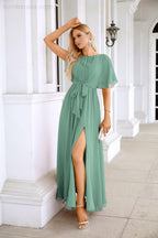 Ladies Chiffon Sleeve Crew Neck Front Slit Floor Length Bridesmaid Evening Dress Wedding Party Evening Dress 28124